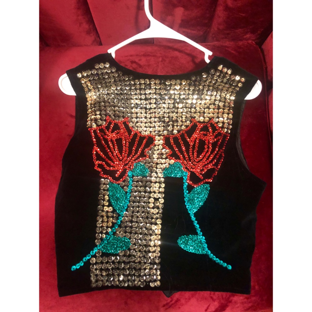 Unique rose sequined black velvet vest
